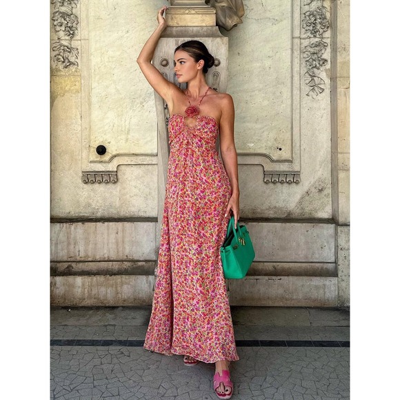 Commense Floral Maxi Dress‎ Halter Open Back Tie Straps Pink Summer Dress - Picture 2 of 4